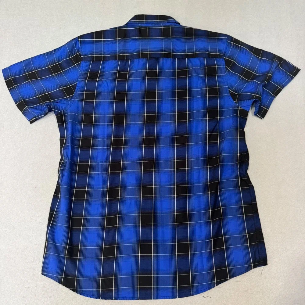 Dixxon The Cape Shirt Mens M Blue Black Plaid Bamboo Blend SS Button Up